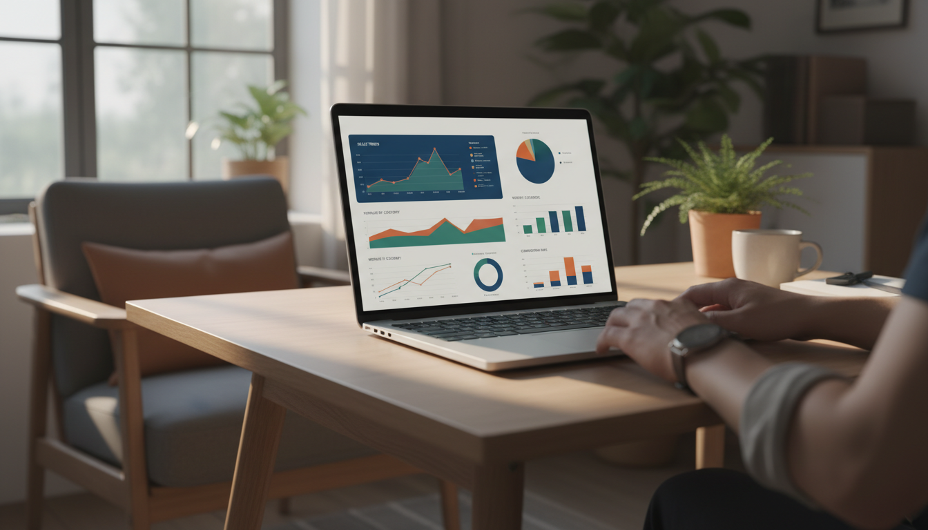 Аналитика первых продаж на Ozon: графики и статистика на экране ноутбука