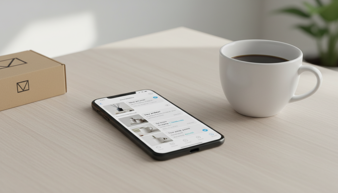 Смартфон с открытым Telegram-каналом магазина и уведомлениями о заказах