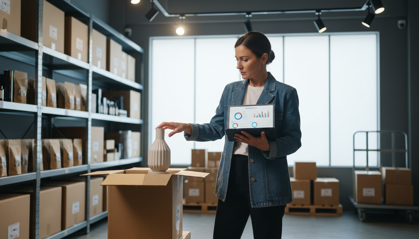 Продавец на маркетплейсе работает с товарами и анализирует продажи на планшете в складском помещении