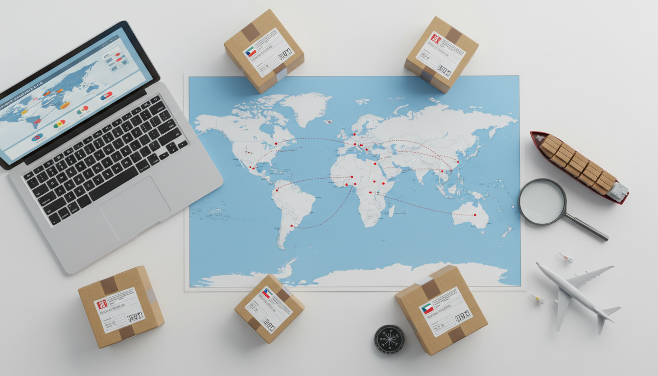 Карта мира с логистическими маршрутами и упаковки товаров для международной доставки