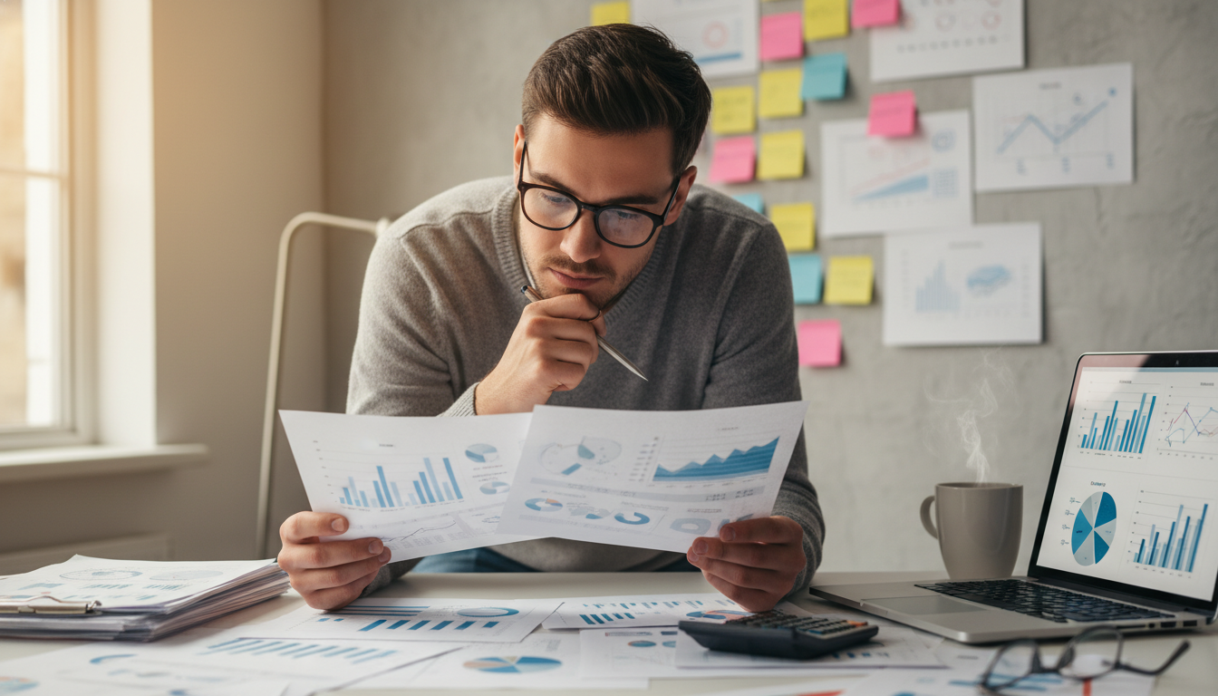 Начинающий предприниматель изучает документы и аналитику перед запуском продаж