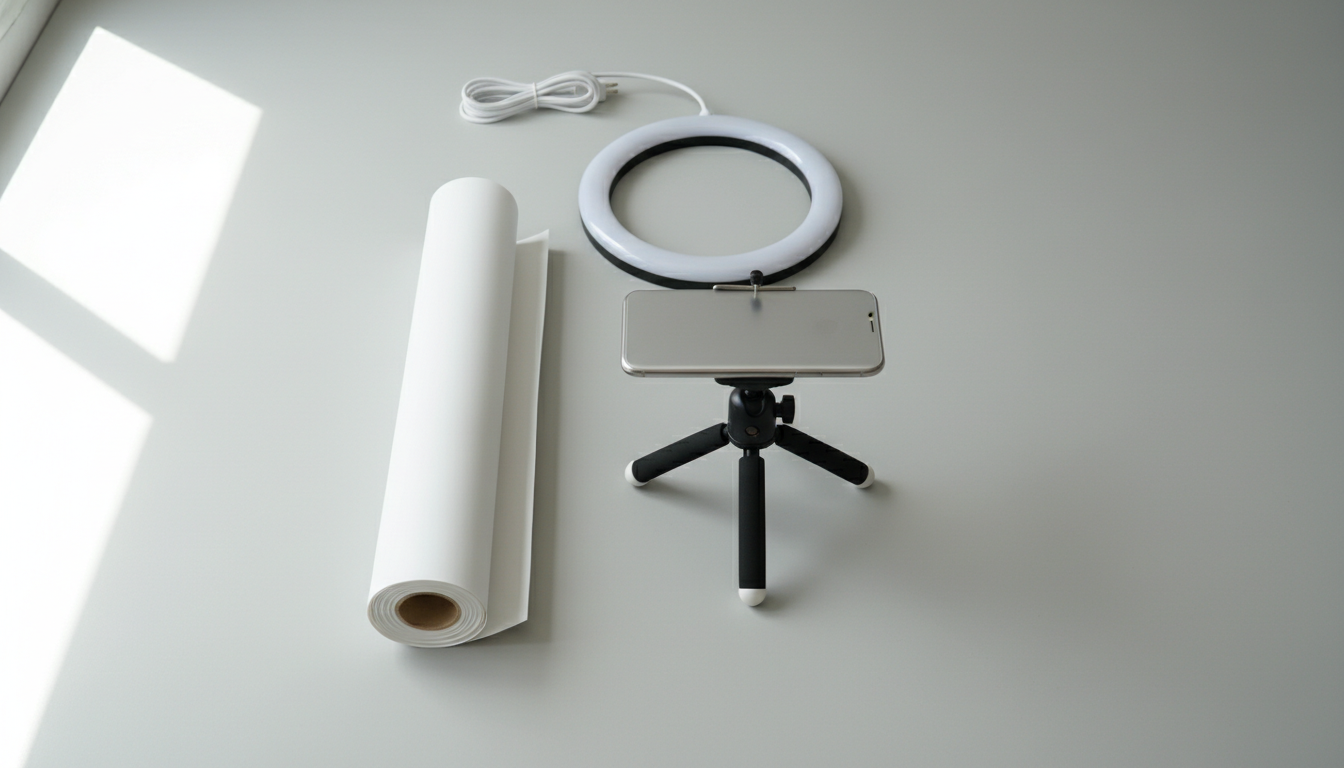 Минимальный набор оборудования для съёмки товаров дома: смартфон, штатив, белый фон и кольцевая лампа