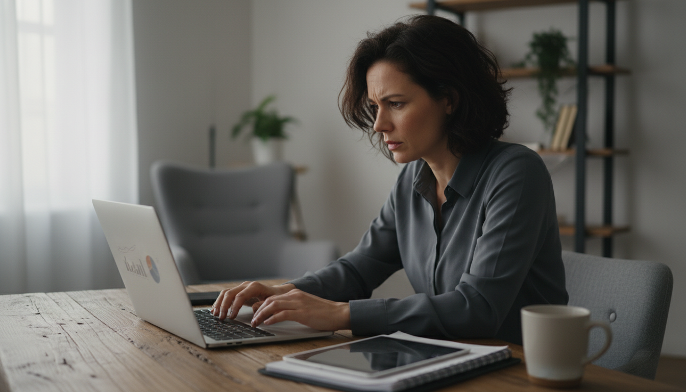 Предприниматель за ноутбуком изучает финансовые отчёты и баланс магазина на маркетплейсе