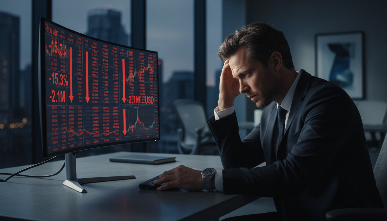 Тревожный продавец смотрит на экран с отрицательным балансом магазина на маркетплейсе