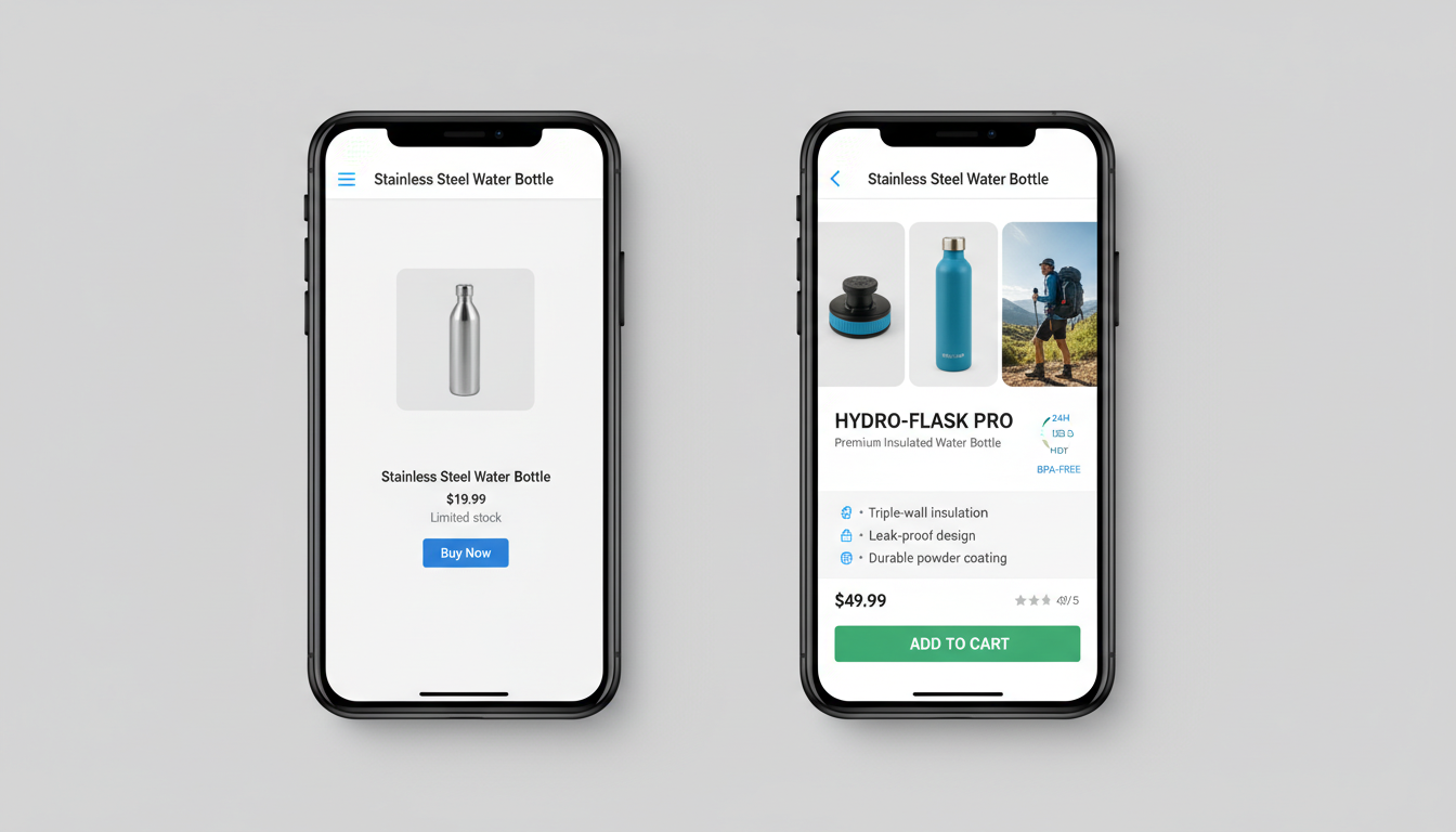 Сравнение слабой и сильной карточки товара на маркетплейсе — до и после улучшения контента