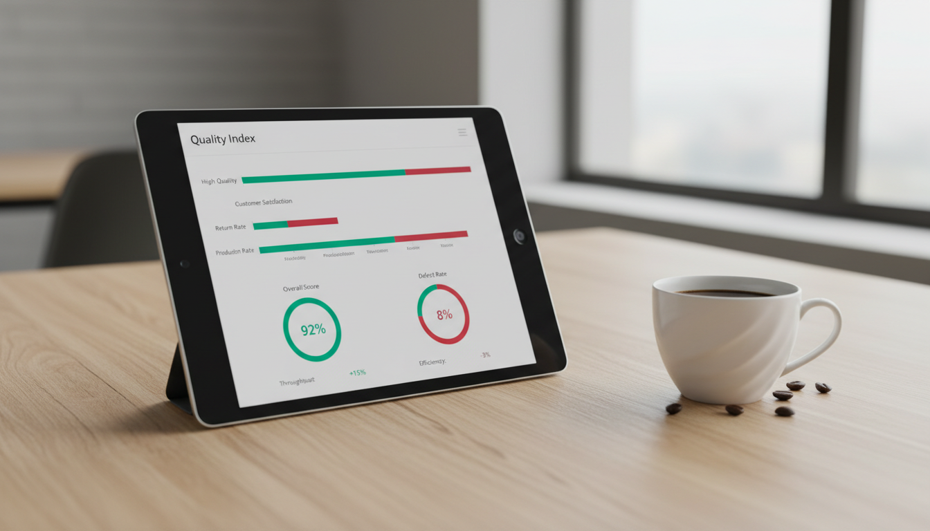 Экран с графиком индекса качества интернет-магазина на маркетплейсе, стрелки роста и падения показателей
