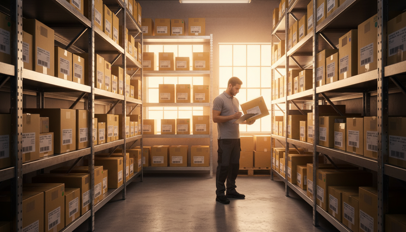 Склад с товарами, аккуратно упакованными и промаркированными для маркетплейса