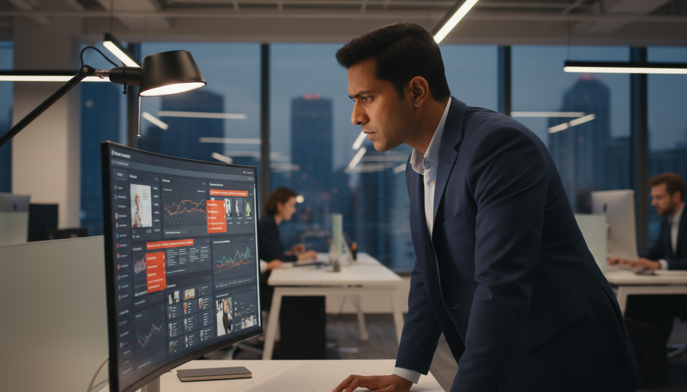 Предприниматель изучает ошибки в карточках товаров на маркетплейсе на экране монитора