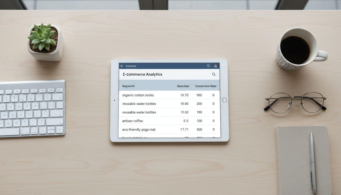 Интерфейс личного кабинета продавца Wildberries с отчётом по поисковым запросам на экране планшета