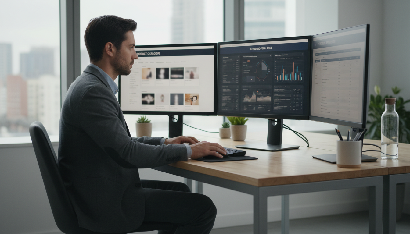 Человек заполняет карточку товара на Wildberries, анализируя ключевые слова и частотность запросов