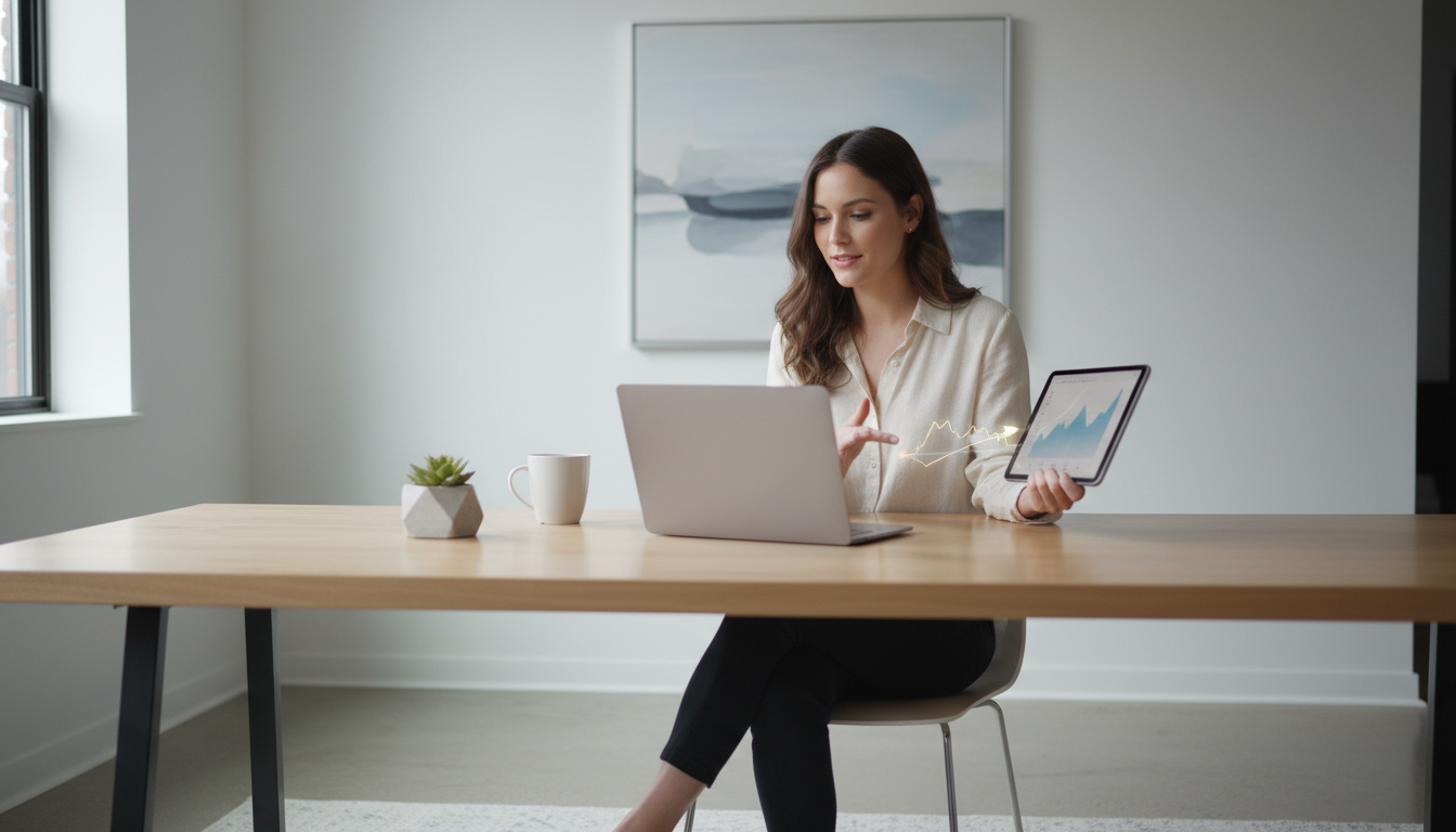 Продавец маркетплейса анализирует стратегию роста позиций товаров на планшете и ноутбуке