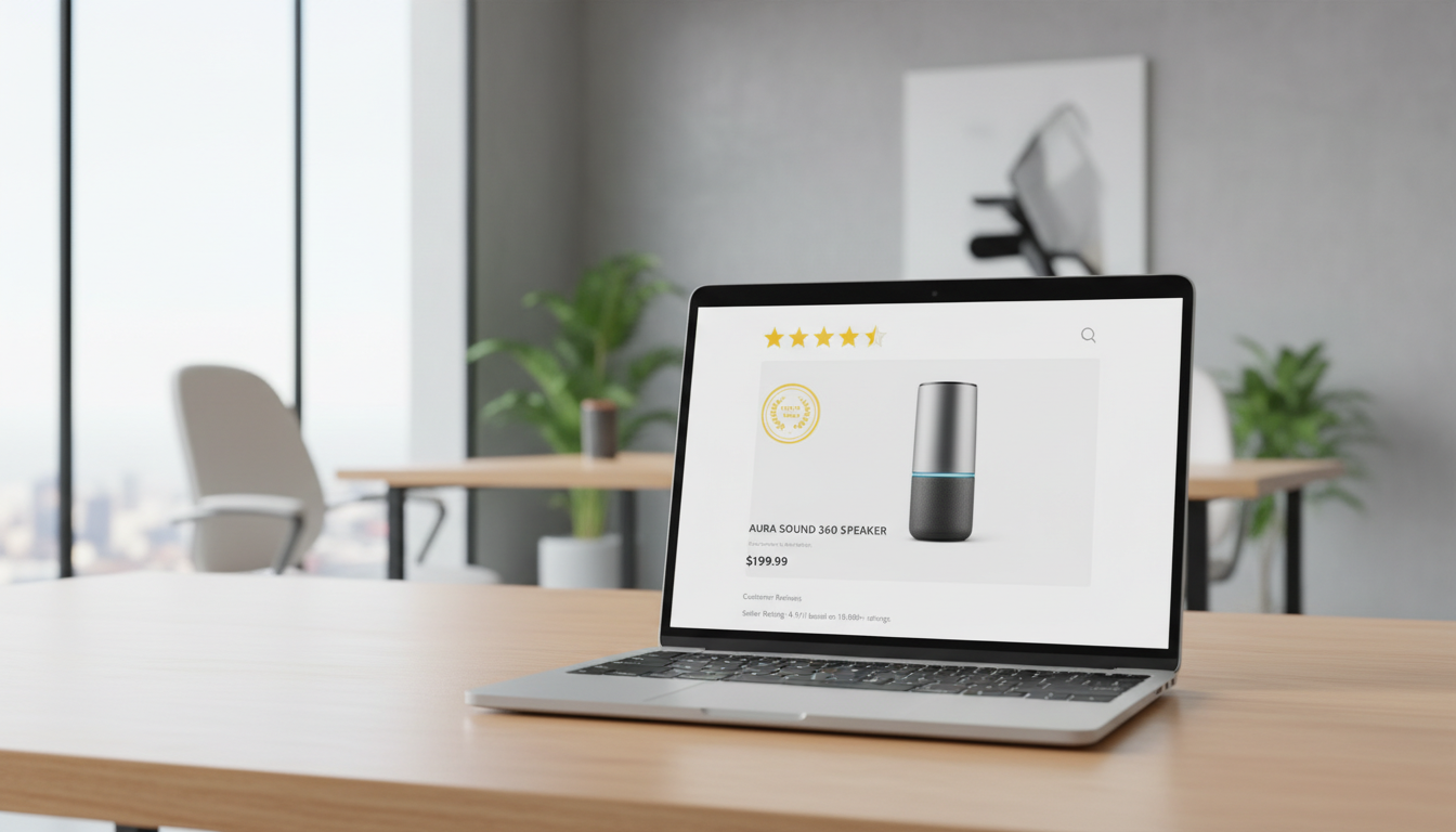 Экран компьютера с карточкой товара и значком проверенного продавца на маркетплейсе