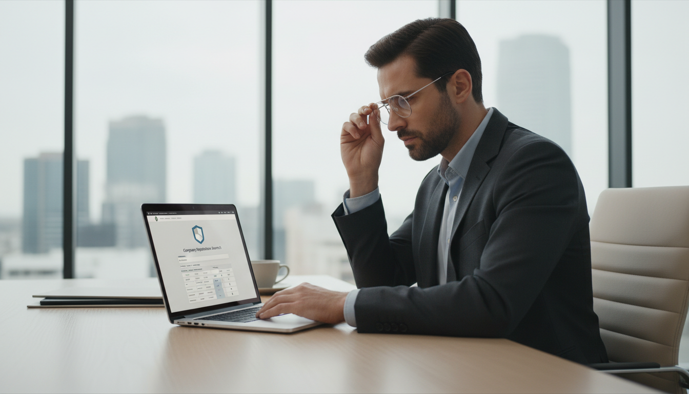 Человек проверяет данные компании в реестре ЕГРЮЛ на ноутбуке