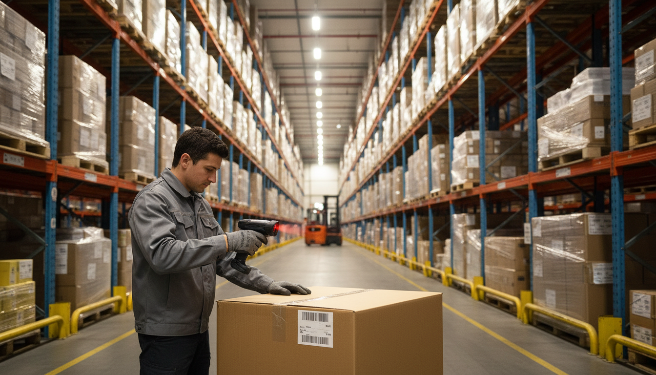 Склад Wildberries, сотрудник сканирует штрихкод на упаковке товара