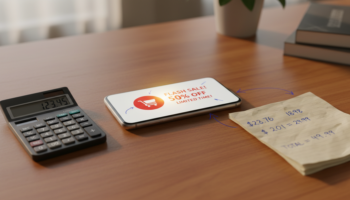 Уведомление об автоакции Wildberries на экране смартфона, рядом калькулятор с расчётами маржи