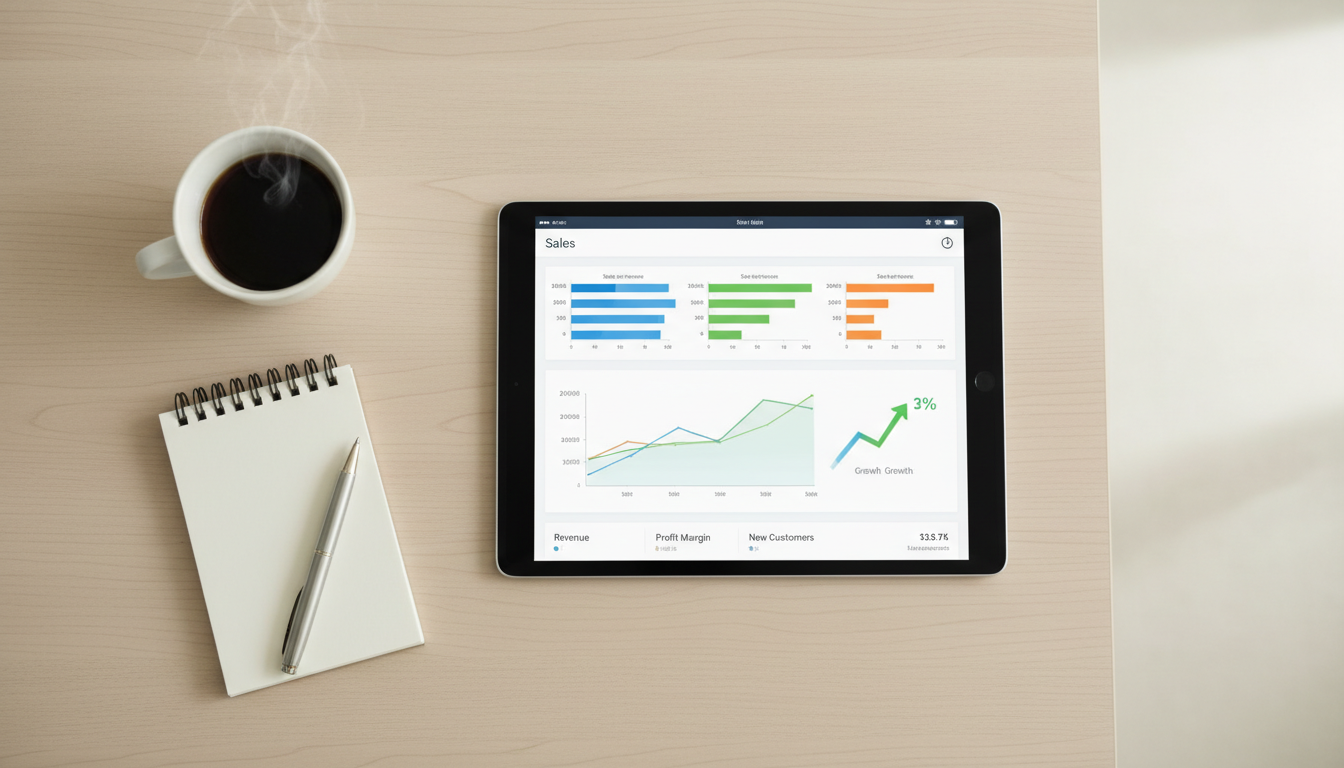 Графики роста продаж и таблица юнит-экономики на планшете — стратегическое планирование цен