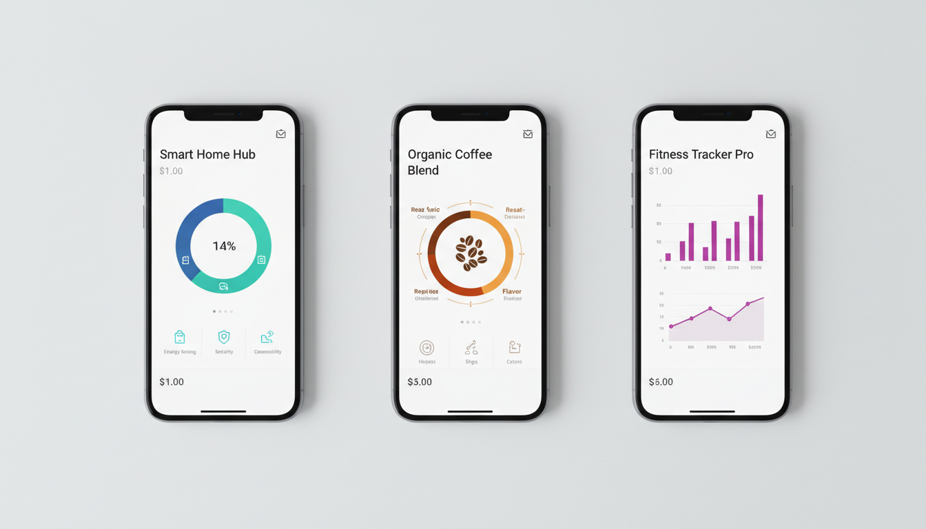 Три смартфона с карточками товаров разных маркетплейсов рядом на столе