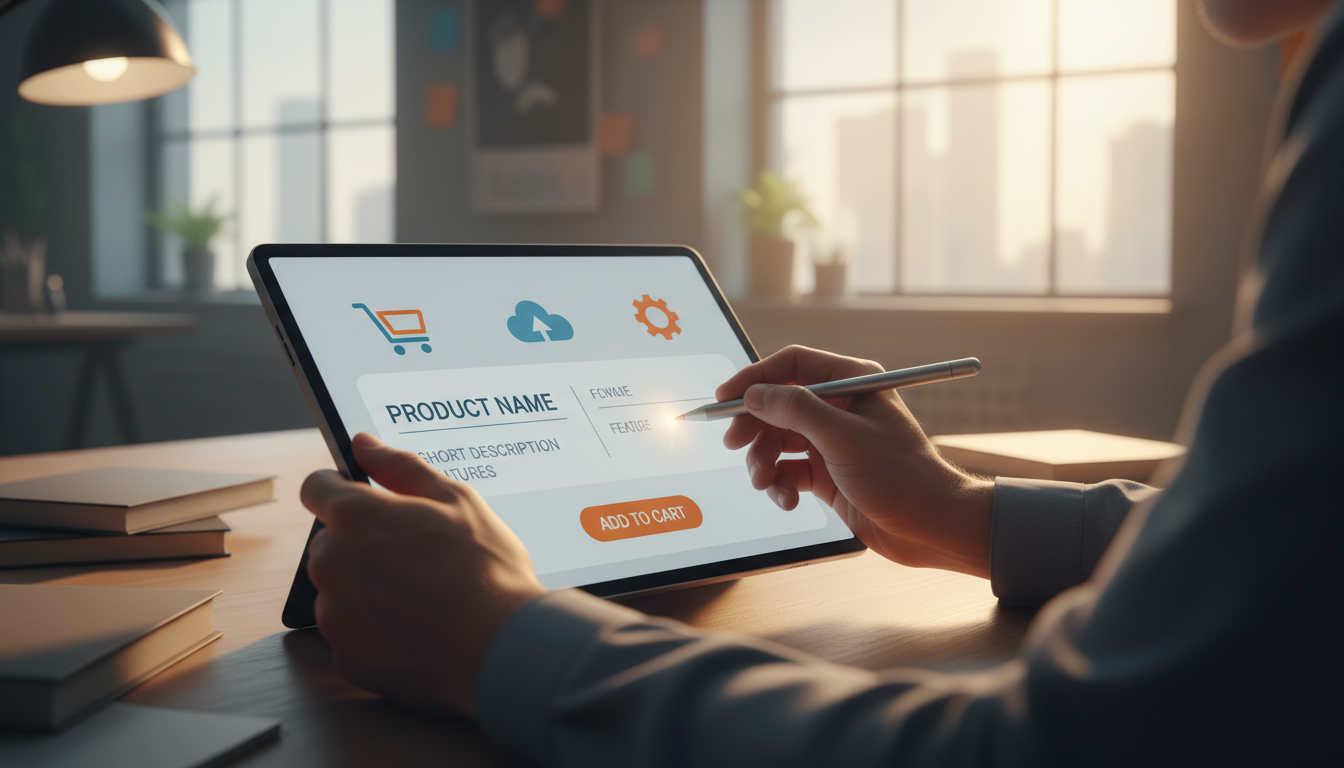 Дизайнер рисует макет инфографики карточки товара на планшете с графическим стилусом