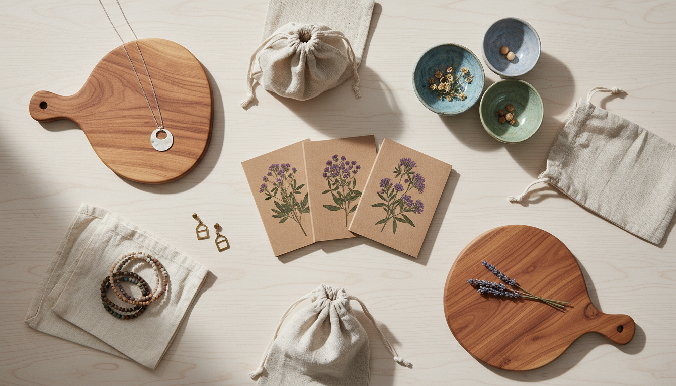 Ассортимент товаров ручной работы: украшения, деревянные изделия, авторские открытки для продажи на маркетплейсе