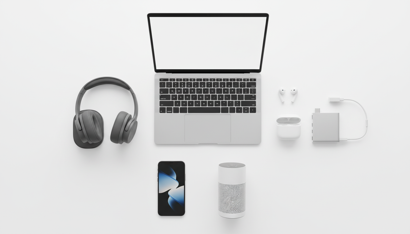 Разнообразные электронные товары — наушники, смартфоны, ноутбук, умная колонка — разложены на белом фоне