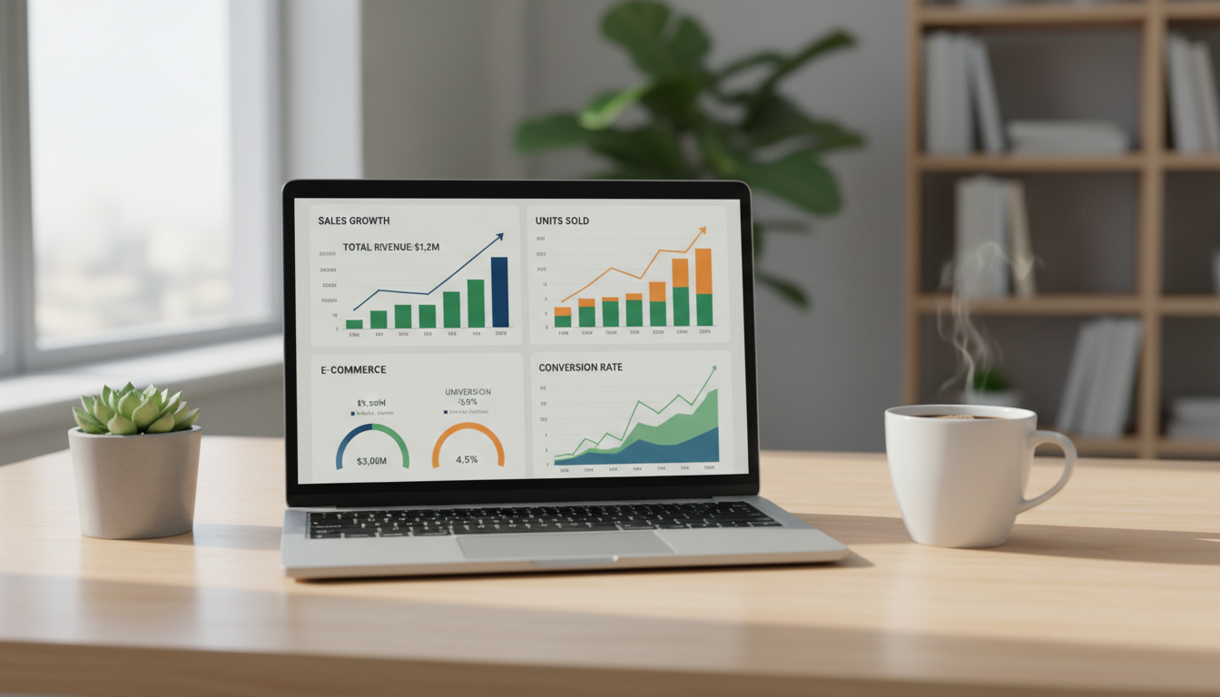 Аналитика продаж на маркетплейсе на экране ноутбука — графики роста, дашборд продавца
