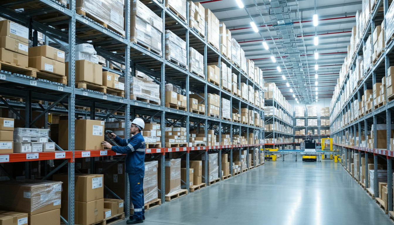 Современный склад маркетплейса с полками товаров, работник в форме сортирует коробки