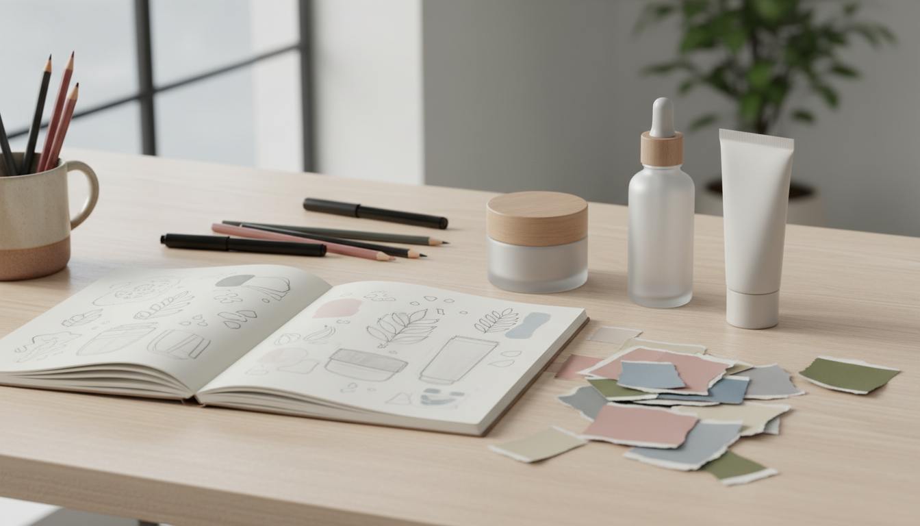 Разработка концепции косметического бренда — мудборд и эскизы на столе
