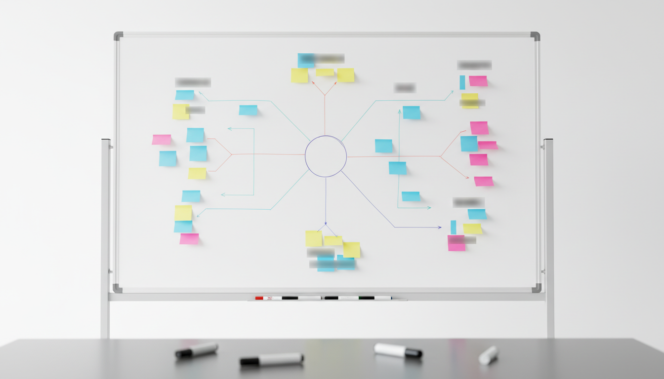 Пошаговая схема создания истории бренда на доске с маркерами
