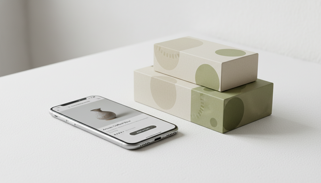 Телефон с открытой карточкой товара на маркетплейсе рядом с красиво упакованным продуктом