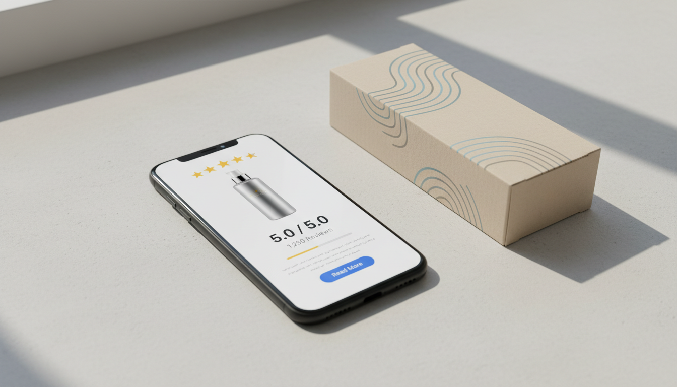 Смартфон с экраном отзывов и звёздным рейтингом товара на маркетплейсе