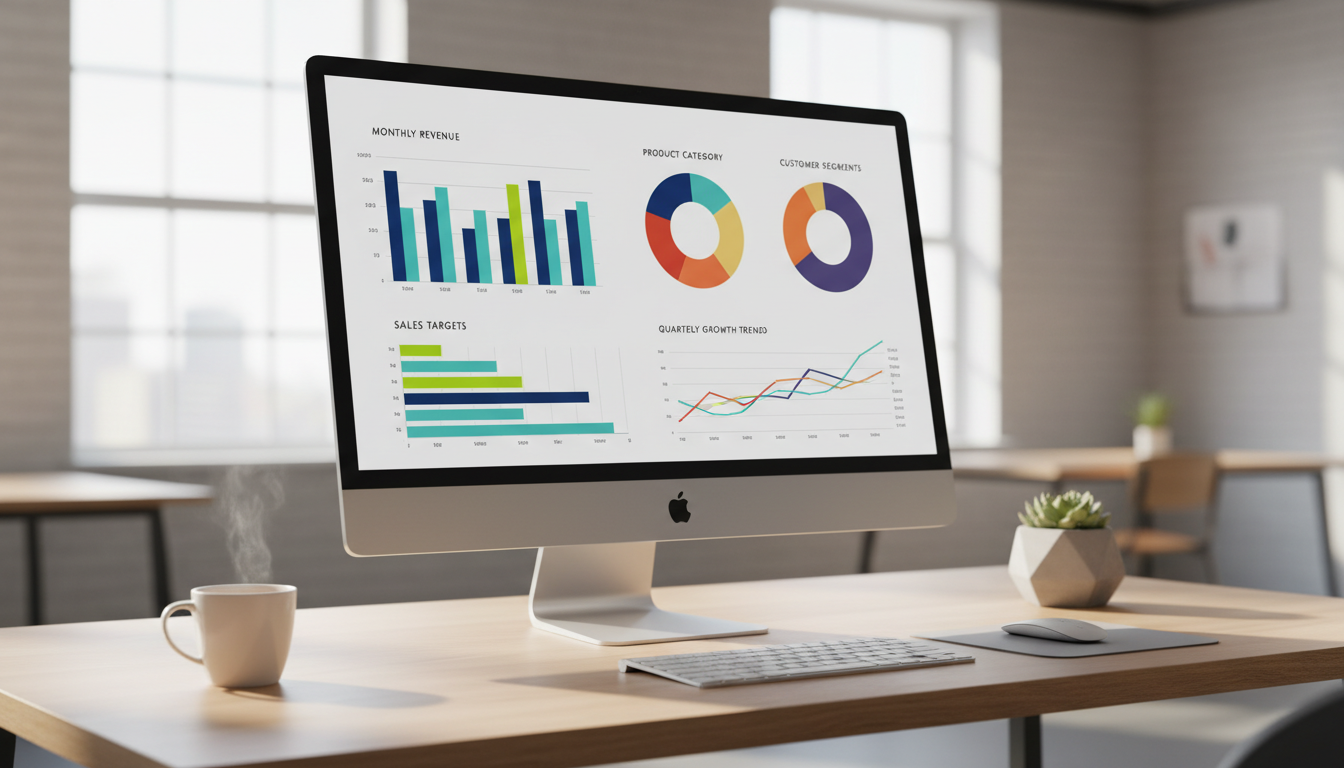 Графики аналитики продаж и метрики бренда на экране монитора, рабочее место аналитика