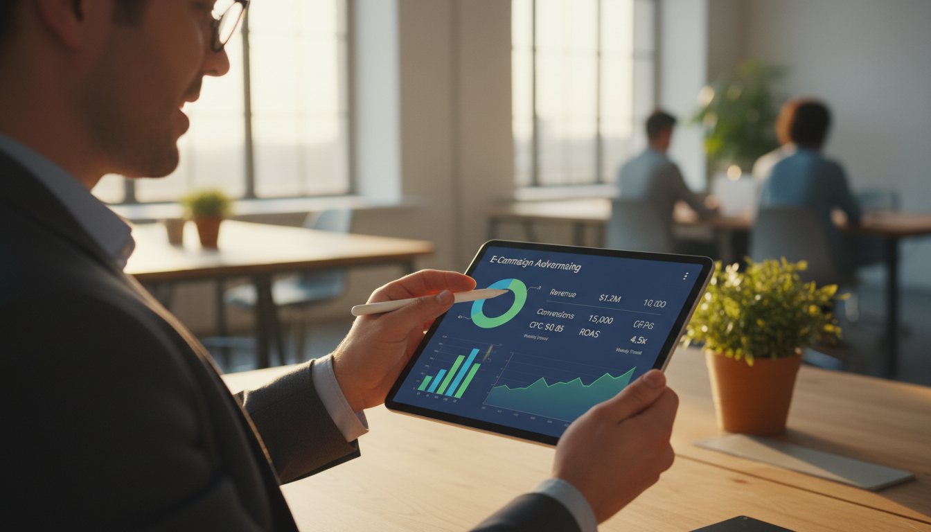 Селлер настраивает рекламную кампанию в личном кабинете Ozon Seller на планшете