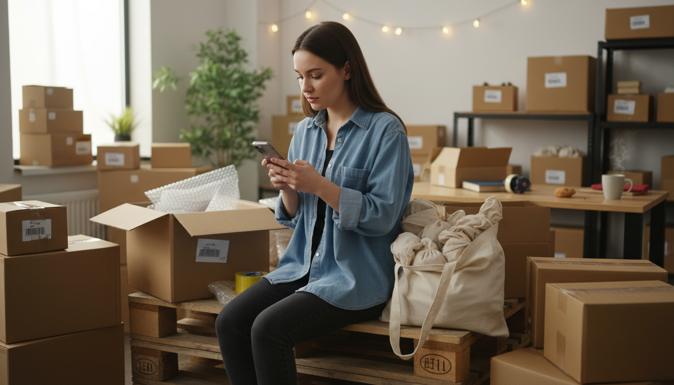 Продавец маркетплейса ведёт Telegram-канал с телефона, рядом упаковка товаров для отправки