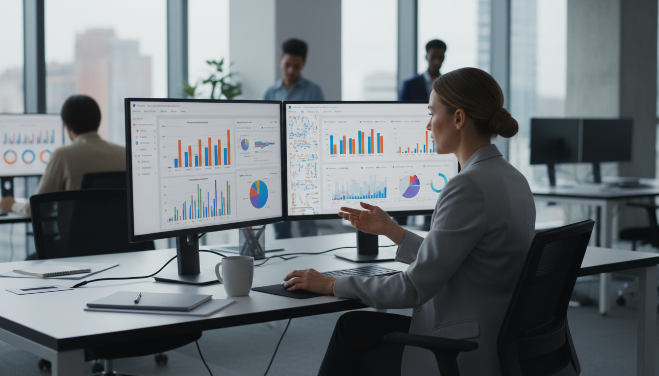 Маркетолог анализирует метрики рекламной кампании VK на двух мониторах