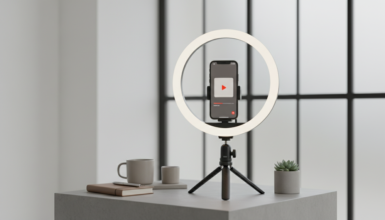 Смартфон в вертикальной ориентации снимает видео-клип для VK с кольцевой лампой на фоне