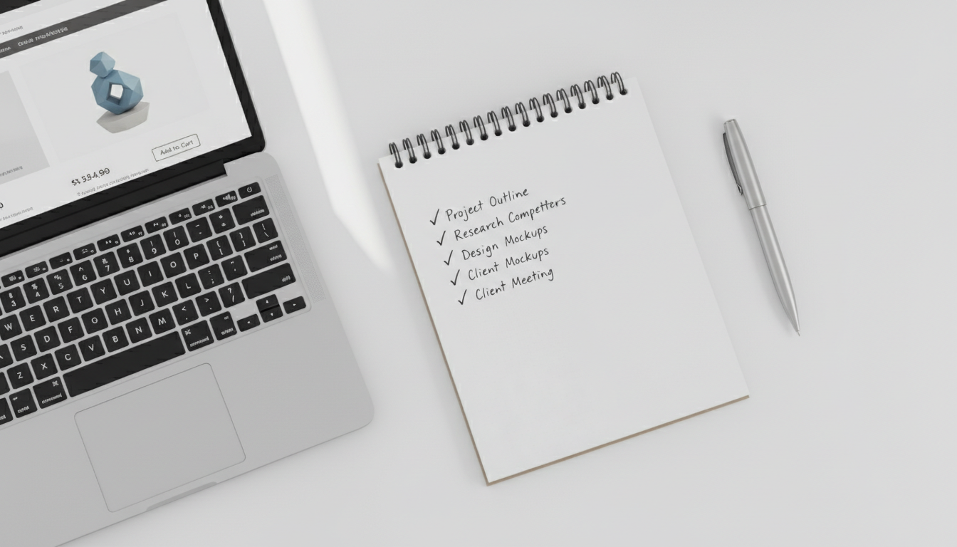 Написание технического задания для копирайтера: листок с заметками и маркетплейс на экране