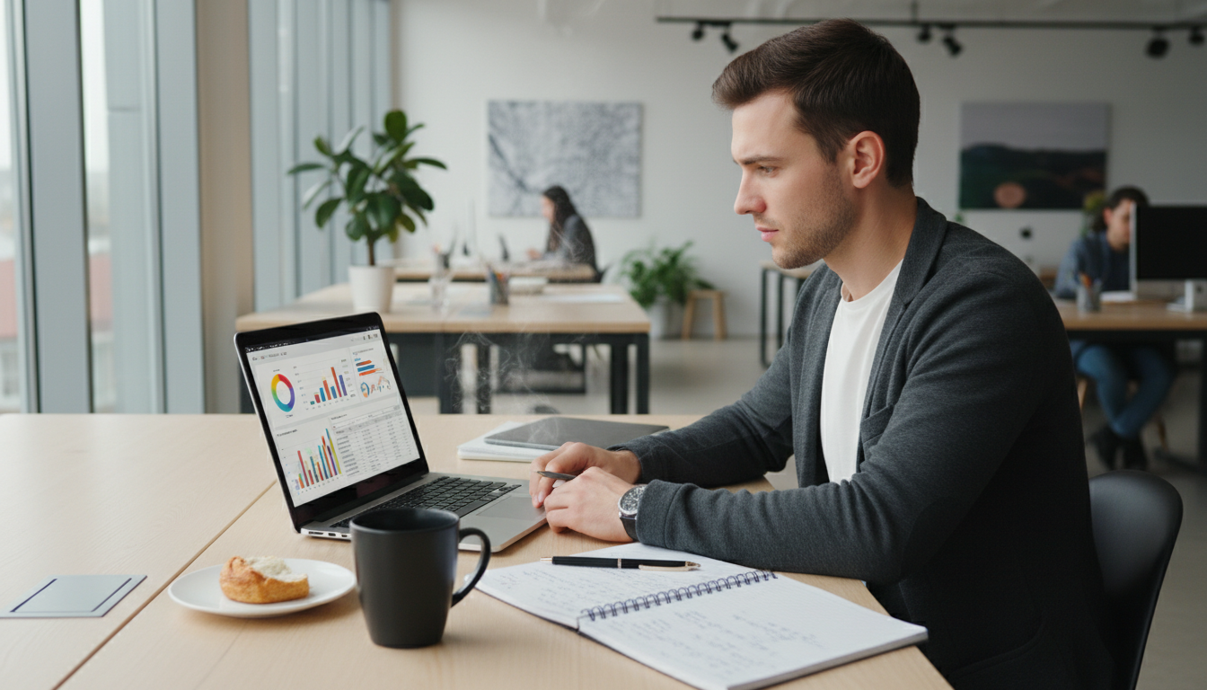 SEO-специалист за ноутбуком анализирует контент и ключевые слова для продвижения