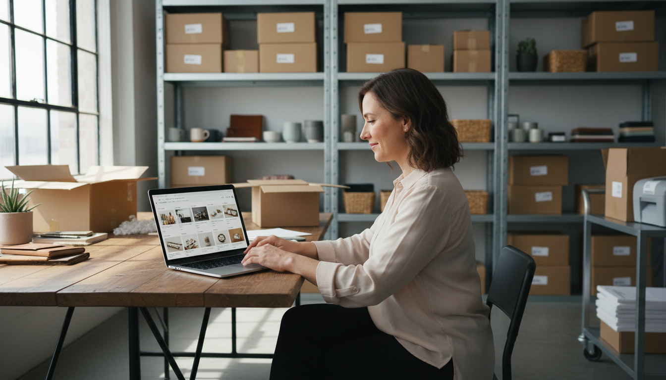 Продавец на маркетплейсе настраивает рекламу в Яндекс Директ на ноутбуке