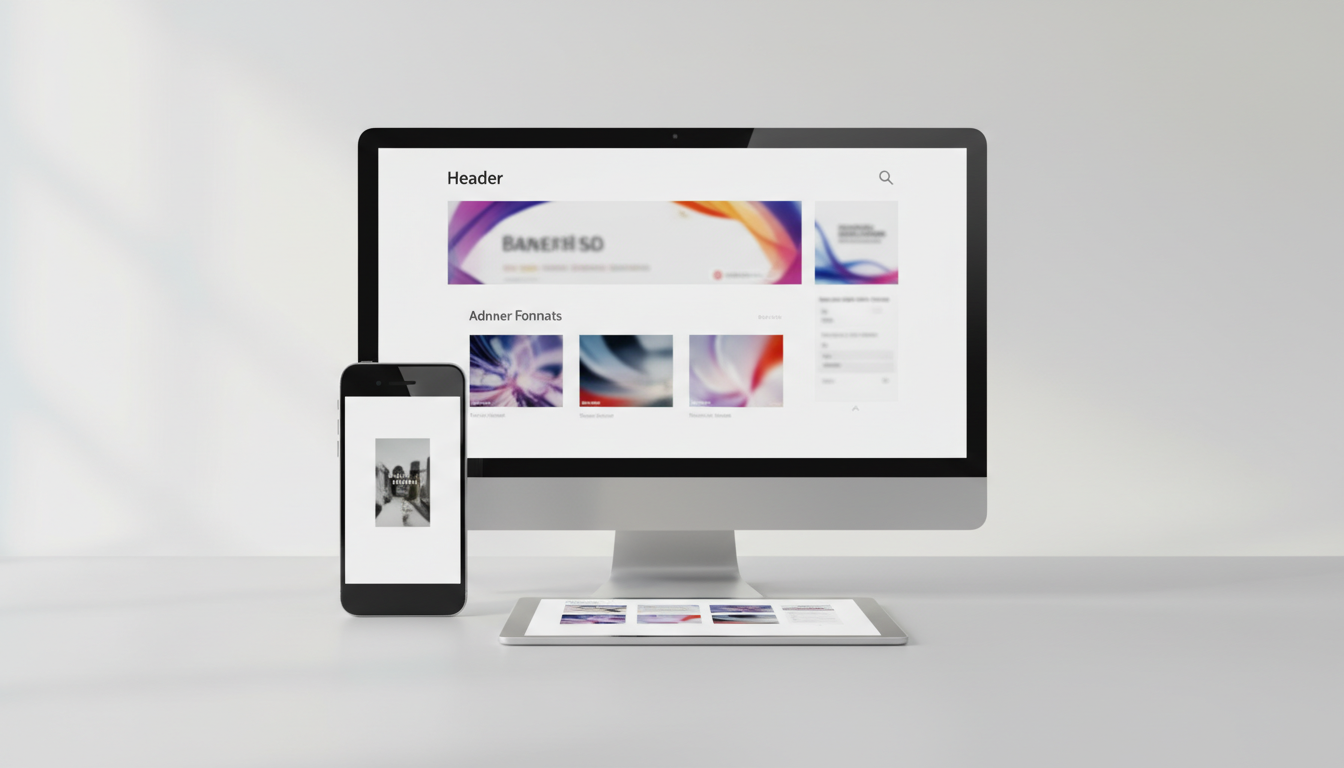 Несколько устройств — смартфон, планшет и монитор — с примерами разных форматов интернет-рекламы