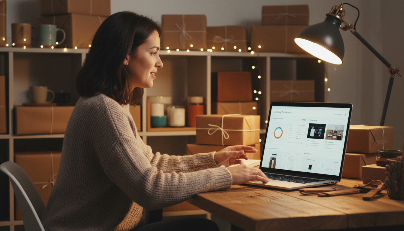 Продавец маркетплейса за ноутбуком настраивает рекламную кампанию для Wildberries и Ozon