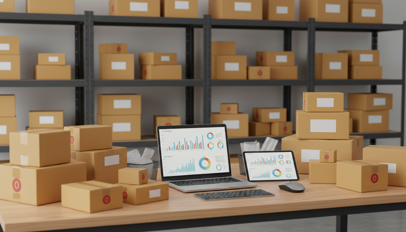 Упакованные товары для маркетплейса и ноутбук с аналитикой продаж — продвижение на маркетплейсах через внешнюю рекламу