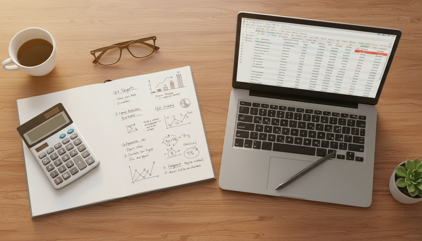 Калькулятор, блокнот с записями и цифры бюджета на экране ноутбука — планирование рекламного бюджета