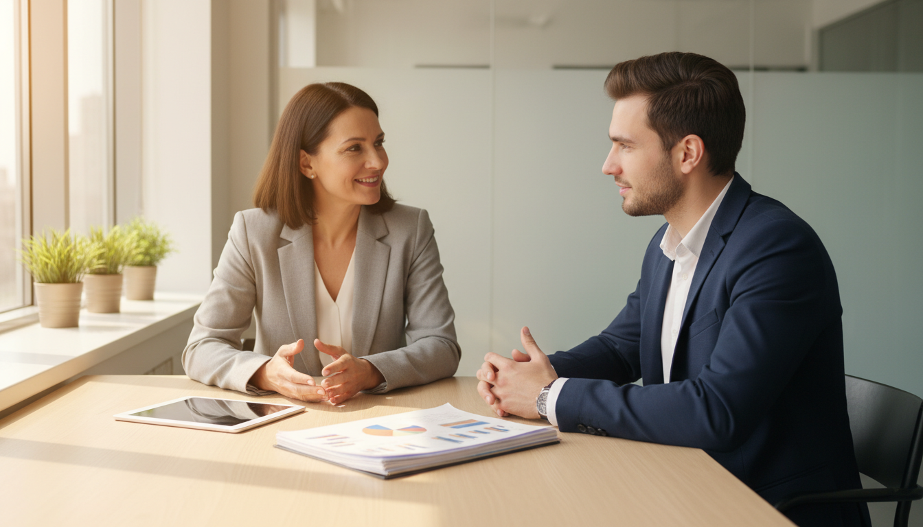 Руководитель бизнеса проводит собеседование с кандидатом на должность специалиста по рекламе