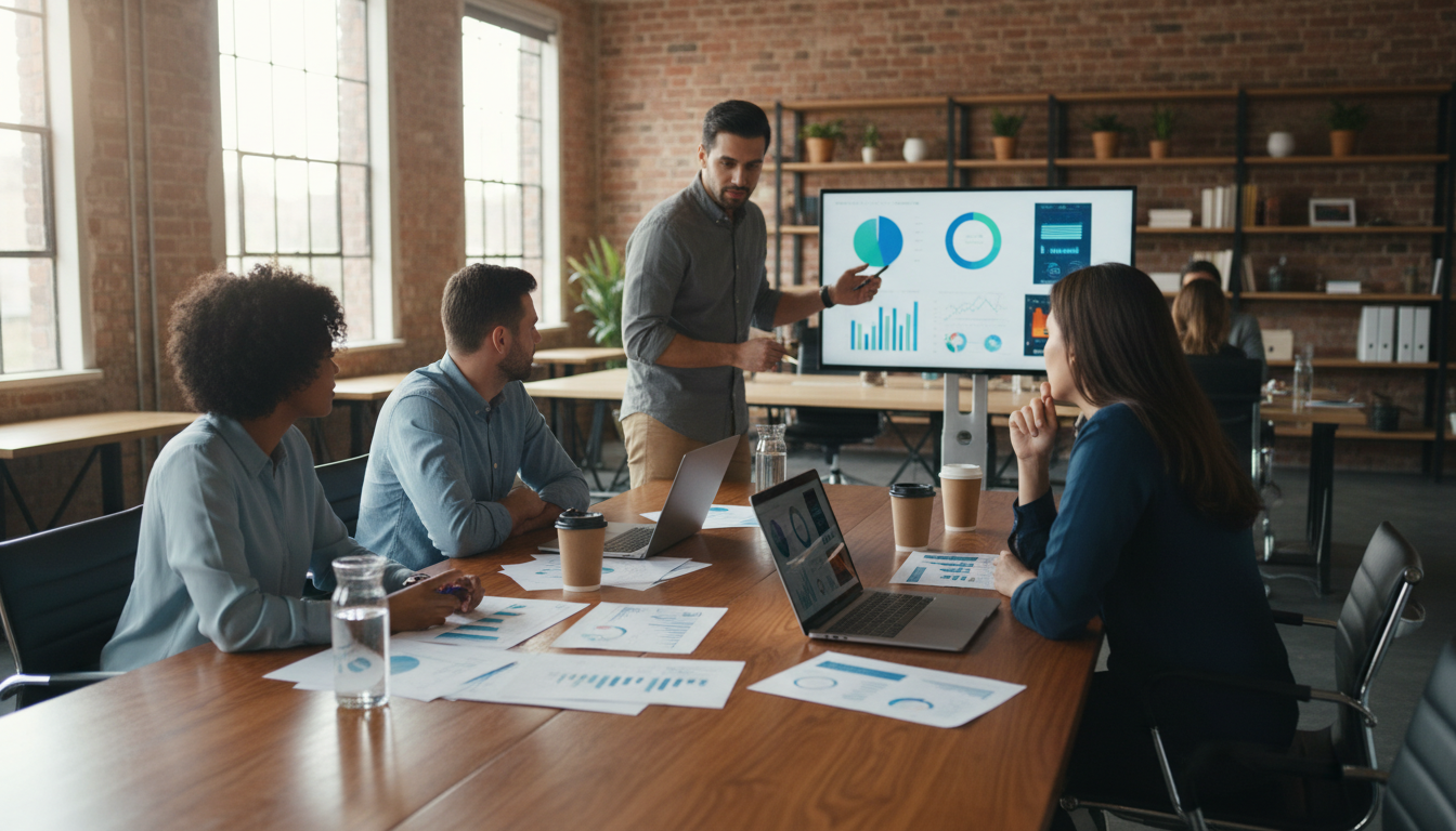 Команда агентства таргетированной рекламы обсуждает стратегию продвижения