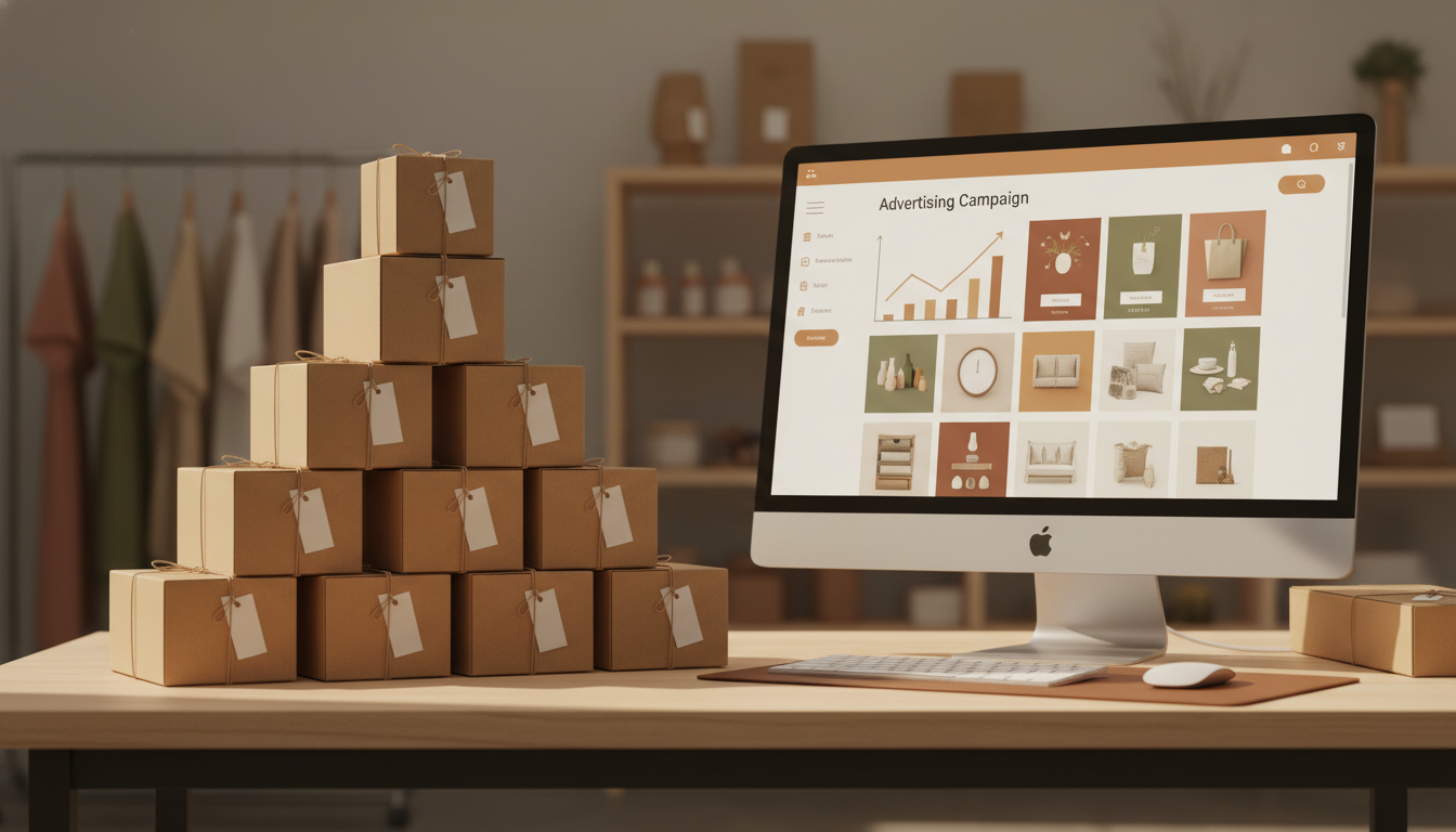 Упаковки товаров для маркетплейсов Wildberries и Ozon рядом с экраном с рекламной кампанией