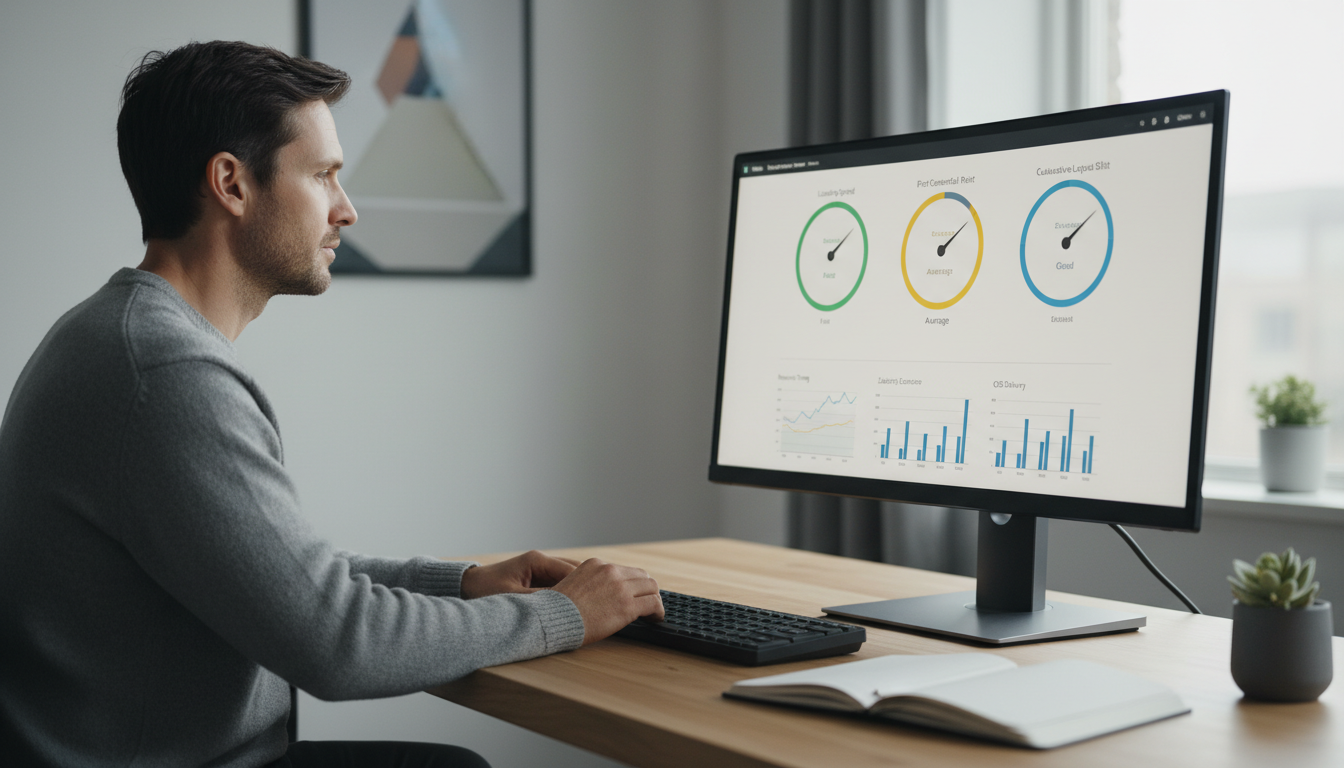 Техническая оптимизация сайта: специалист проверяет скорость загрузки страниц и технические показатели