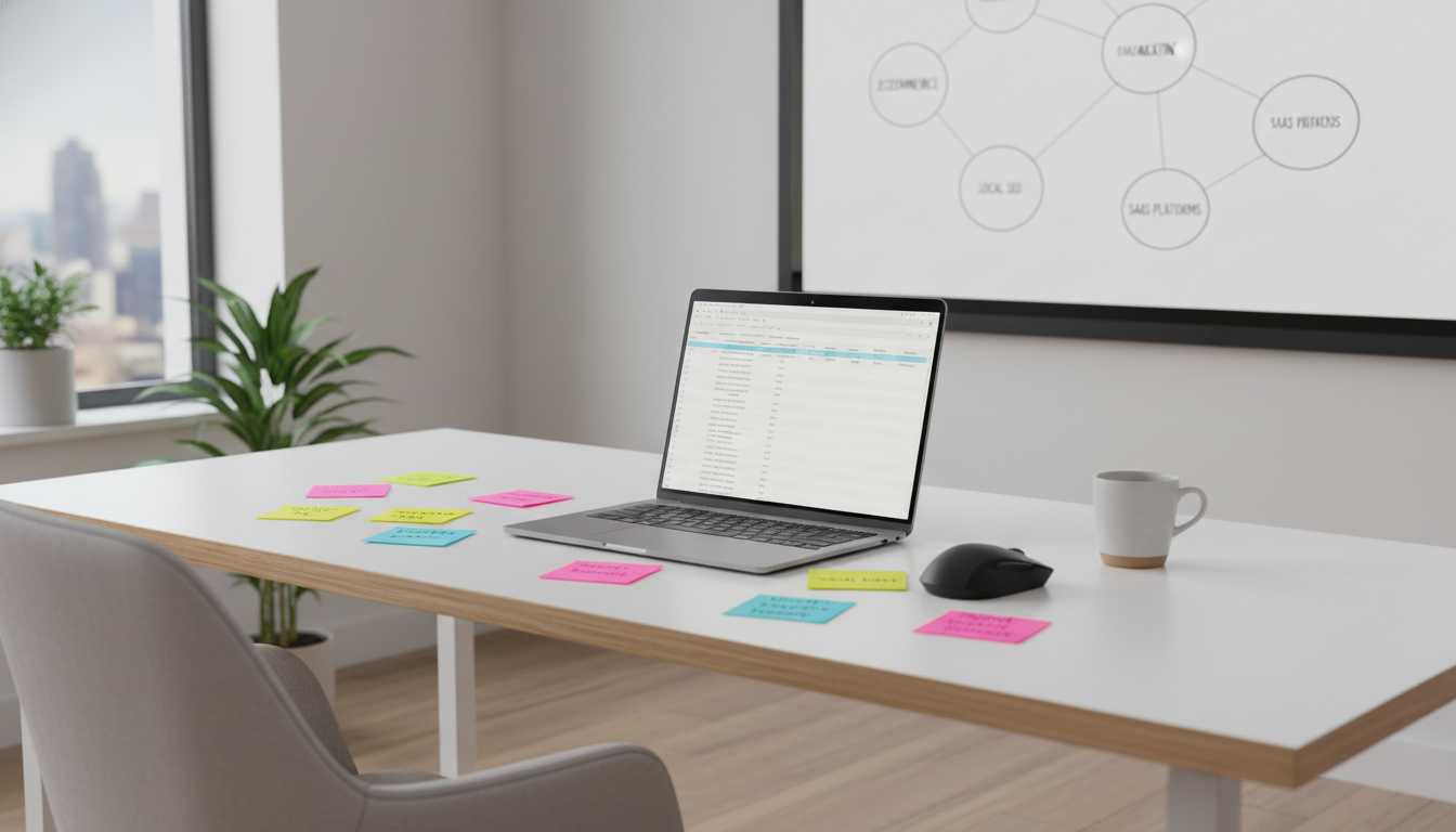 Специалист по SEO составляет семантическое ядро сайта на ноутбуке с таблицами ключевых слов