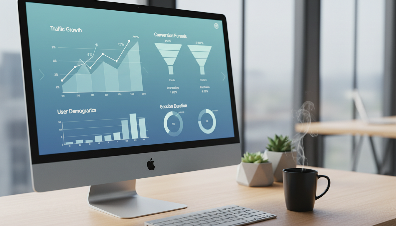 Экран с аналитикой сайта — дашборд Яндекс Метрики с графиками трафика и конверсий