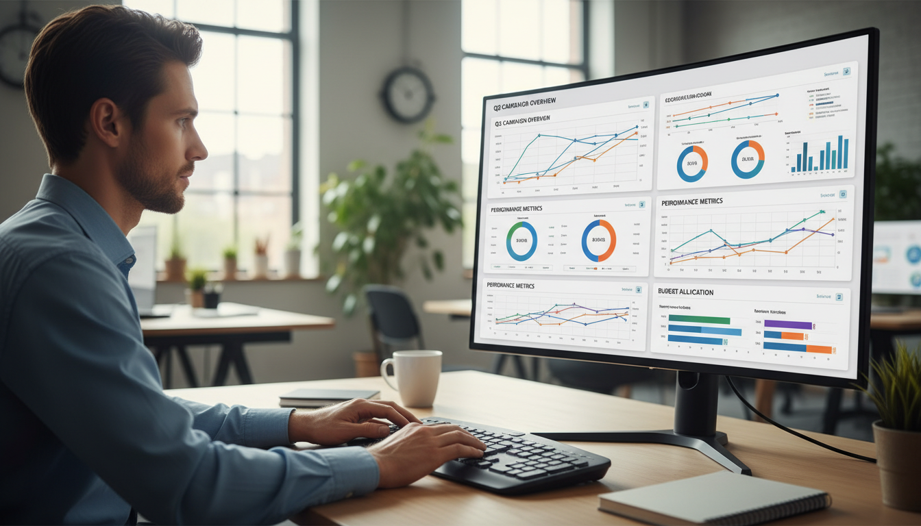 Маркетолог анализирует данные рекламной кампании с графиками стоимости кликов на мониторе