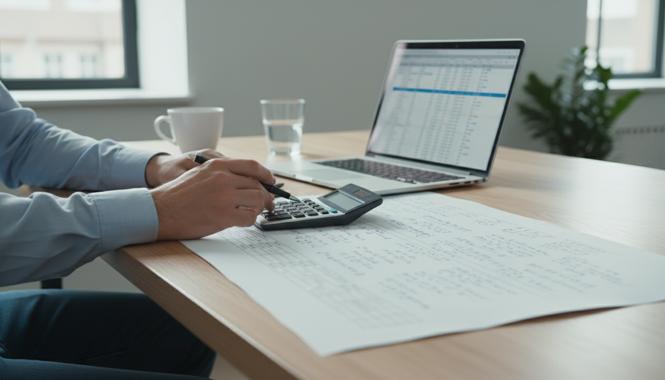 Расчёт рекламного бюджета и стоимости клика на бумаге рядом с ноутбуком